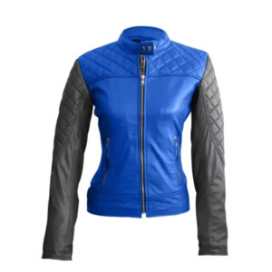 Women Blue With Black Quilted Leather Jacket
