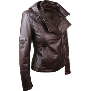 Womens Slim Fit Leather Jacket with Hood
